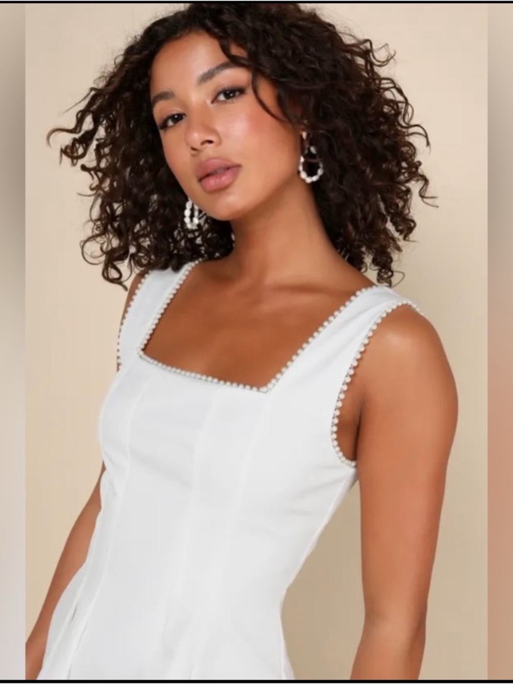 Lulu's White Pearl-Trim Mini Dress